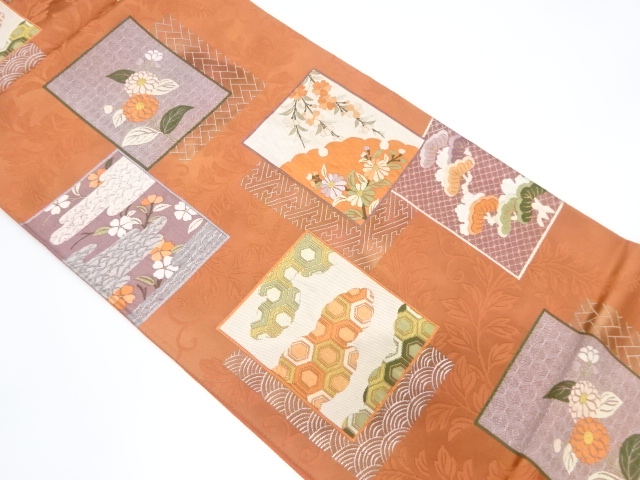 色紙に古典柄・松・草花模様織り出し　袋帯